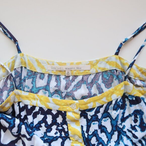 Rachel Roy Blue Yellow Abstract Print Sleeveless Drawstring Waist Summer Dress M - Picture 6 of 10